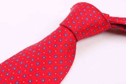 Picture of 100% SILK WOVEN - RED GEOMETRIC NAVY DOTS