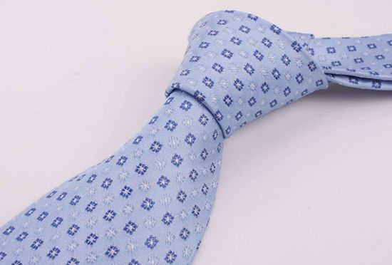 Picture of 100% SILK WOVEN - SKY BLUE GEOMETRIC NAVY/WHITE DOTS